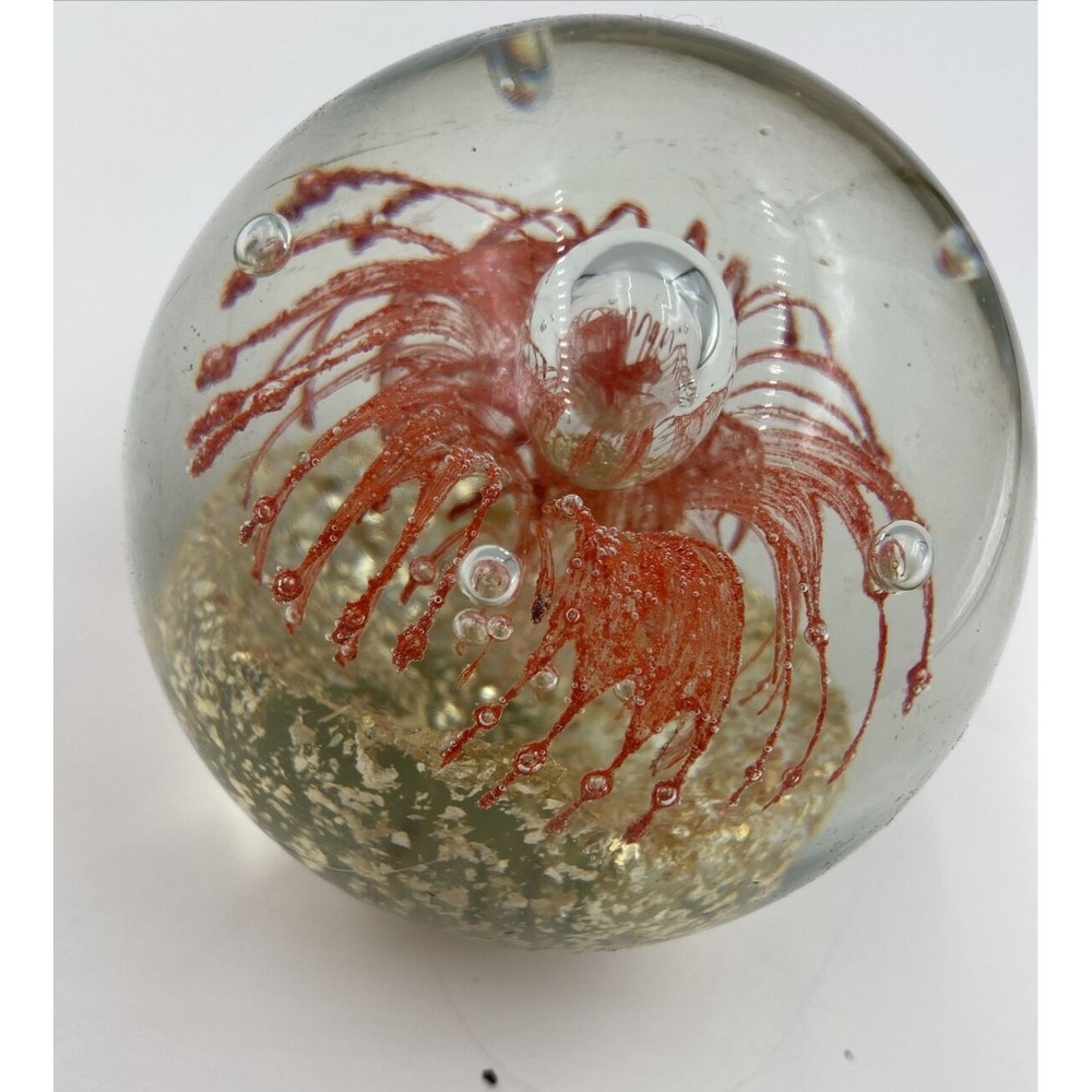 Art Glass Paperweight Red Flower Sphere Aventurine & Controlled Bubbles
